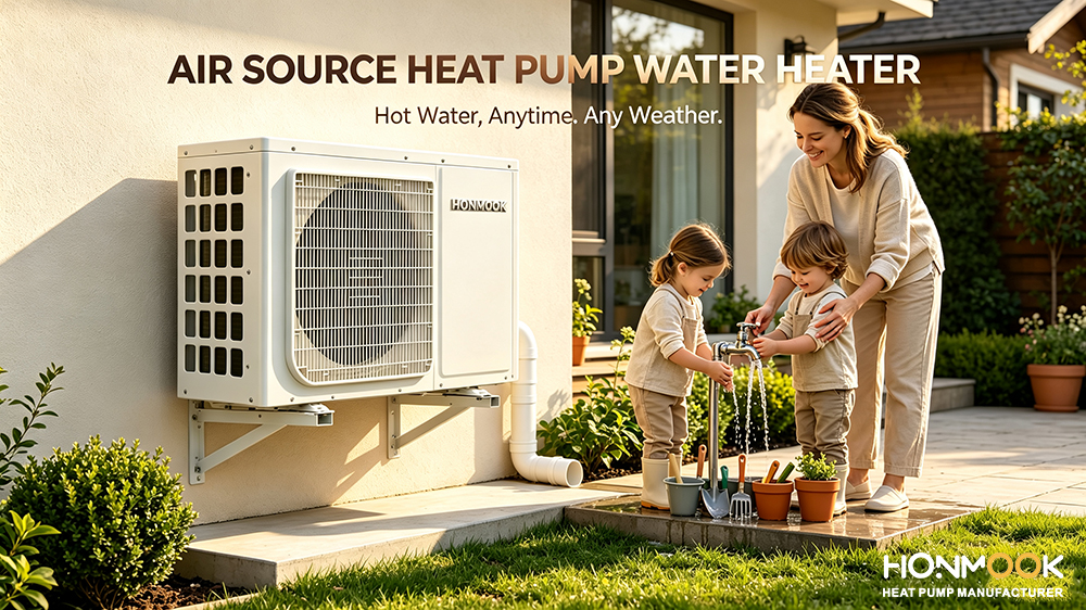 OEM monobloc heat pump water heater with built-in pump installed in European basement